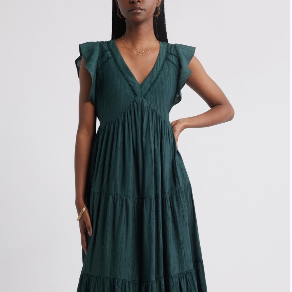Chic Teal Midi Dress with Ruffle Sleeves